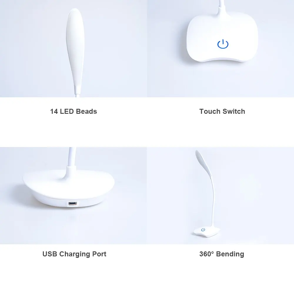 Close-up views of 14 LED beads, touch switch, USB charging port, and 360-degree bending neck of the lamp.
