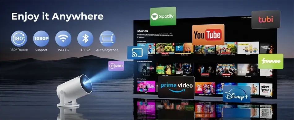 Summary of smart projector features including 1080P support, 180° rotation, and various streaming apps.