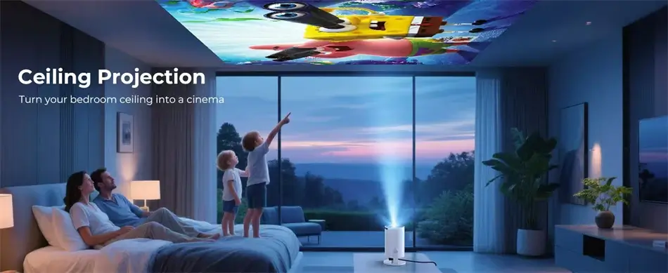 Family watching a movie on their bedroom ceiling using a 180-degree rotatable smart projector.