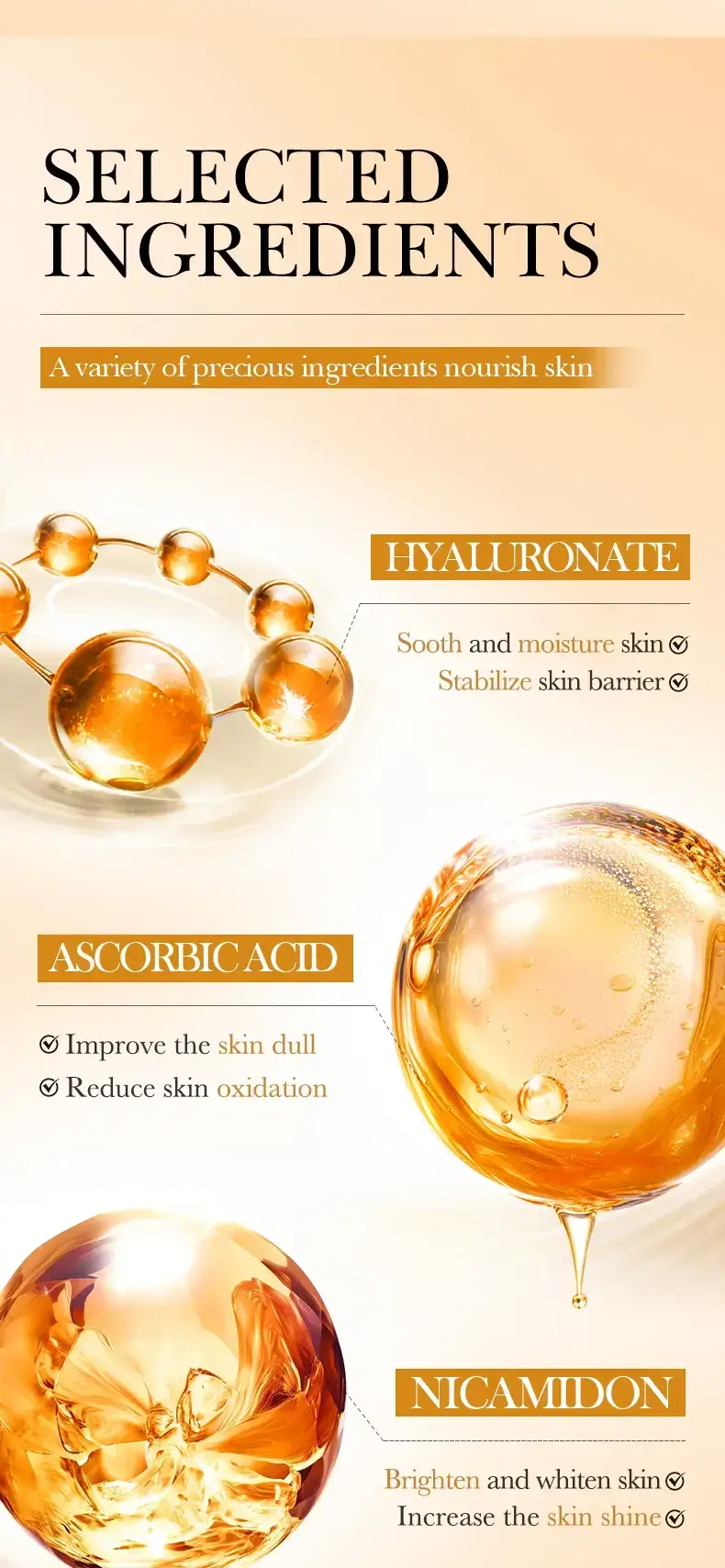 Key ingredients: Hyaluronate for moisture, Ascorbic Acid for brightening, and Niacinamide.