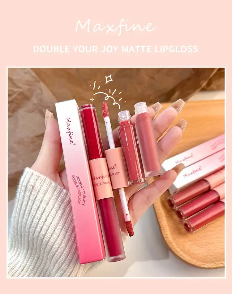Maxfine Double Your Joy Matte Lipgloss tube with dual applicator and swatches