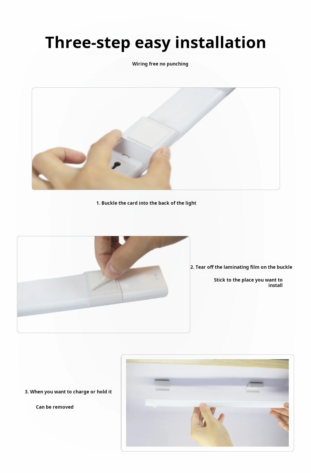 Three-step easy installation guide for wireless LED light showing buckle and stick method.