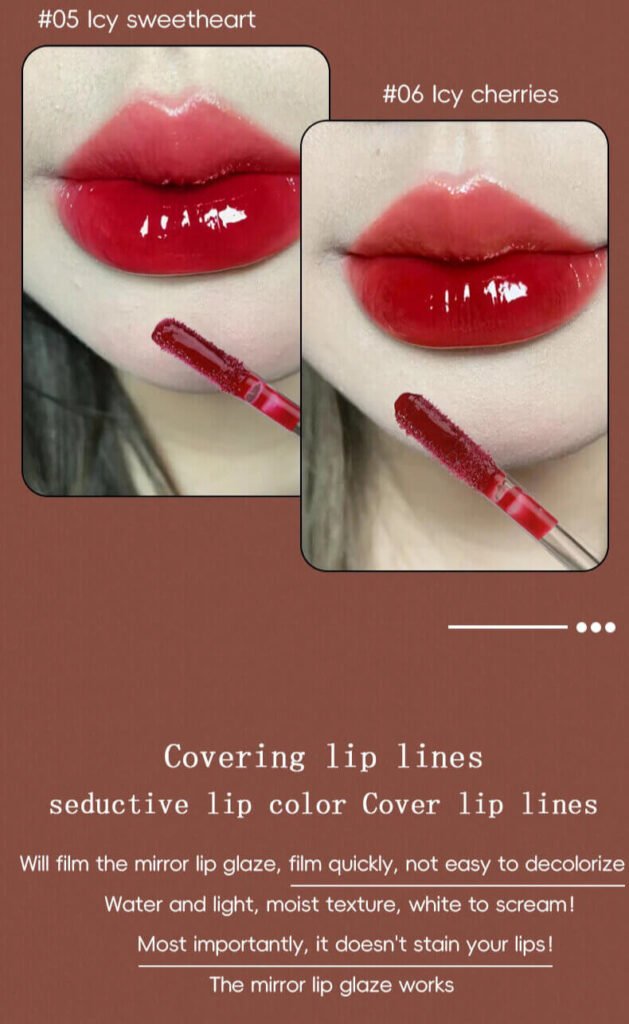 Deep red and cherry mirror lip glaze swatches on lips