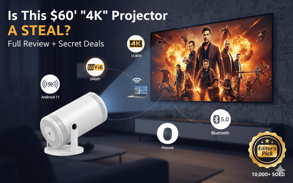 60 dollar 4K smart projector review with 10000 plus sold badge