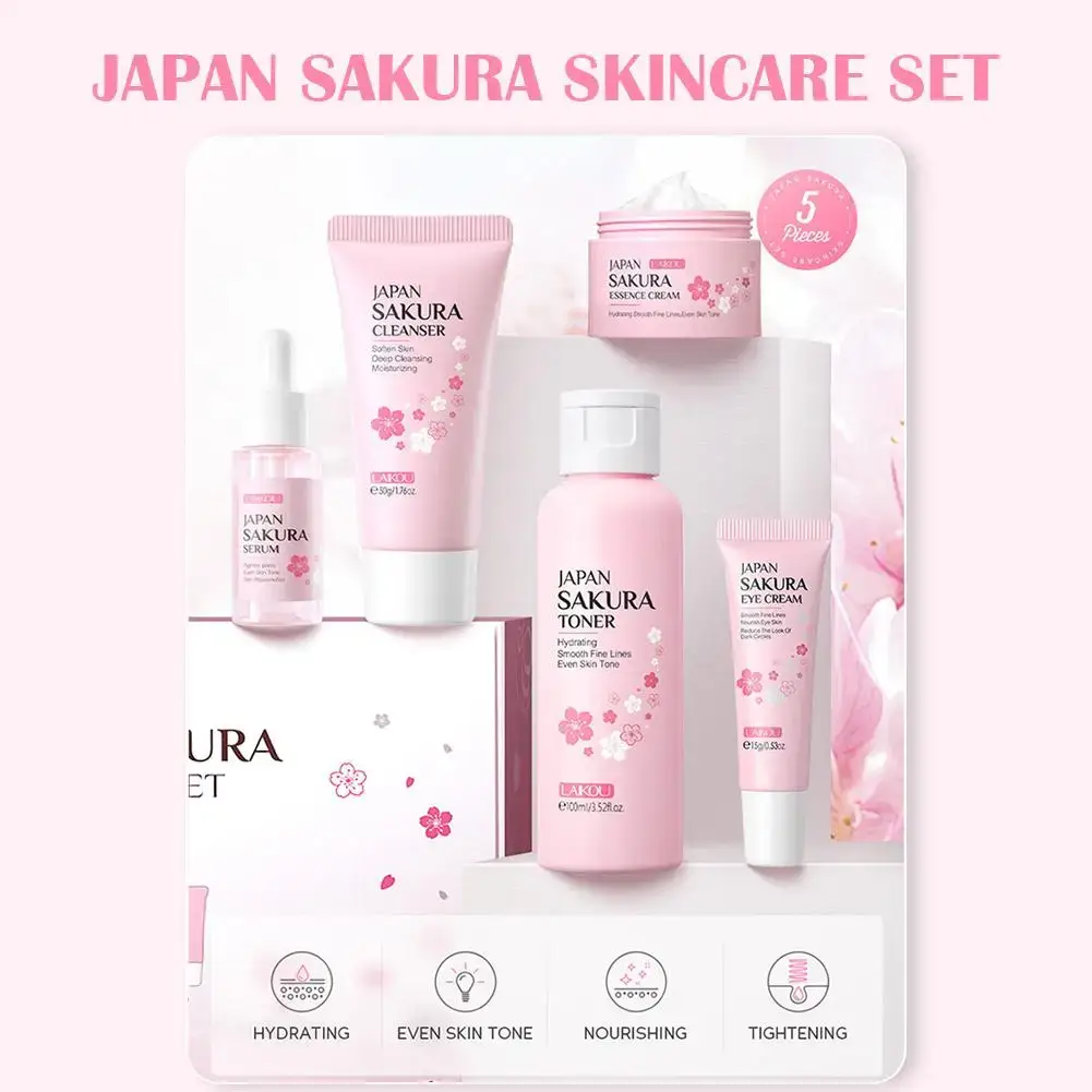 Close up of LAIKOU Sakura Serum, Eye Cream, and Essence Cream tubes, Toner, Cleanser