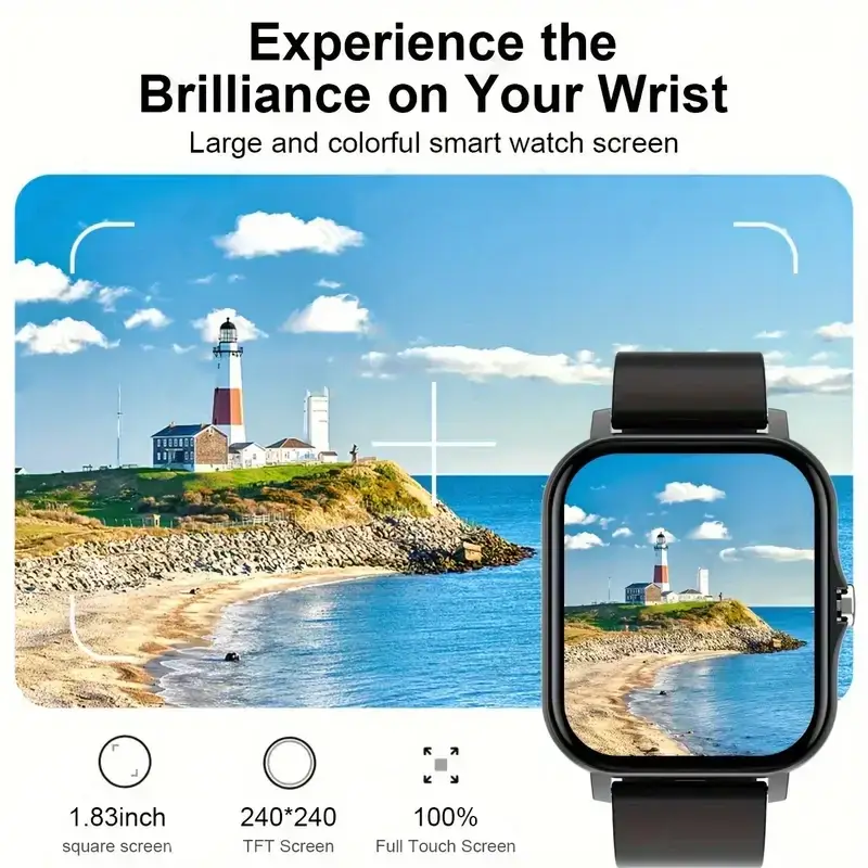 Close-up of a smart watch with a 1.83 inch square TFT full touch screen displaying a vibrant lighthouse landscape photo