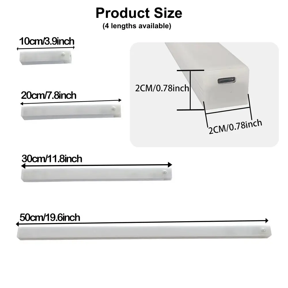 Different sizes of LED bar lights (10cm, 20cm, 30cm, 50cm) with Type-C port.