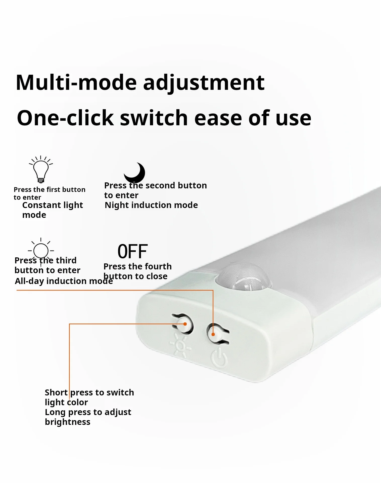 Multi-mode adjustment control for LED light bar showing night induction and constant light modes.