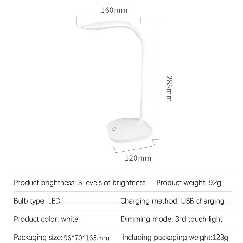 Technical specifications and dimensions of the white LED reading lamp showing 285mm height and 120mm base width.
