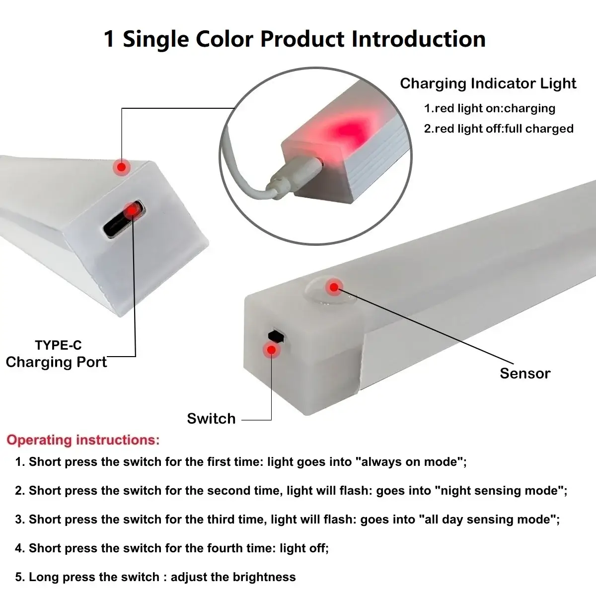 Operating instructions and charging guide for single color LED sensor light.