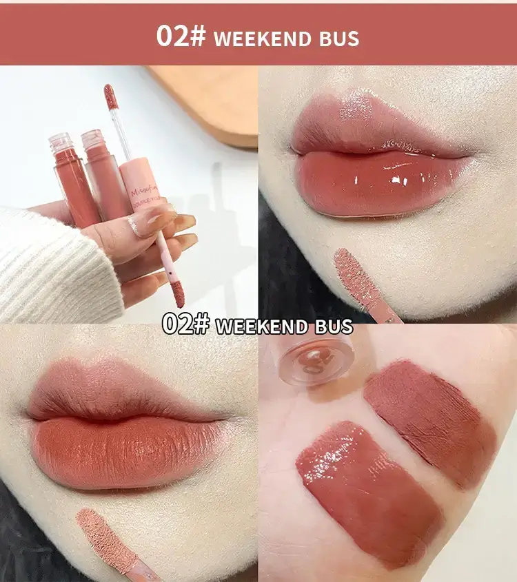 CACE Double End Lip Glaze Shade 02 Weekend Bus matte and gloss swatches.