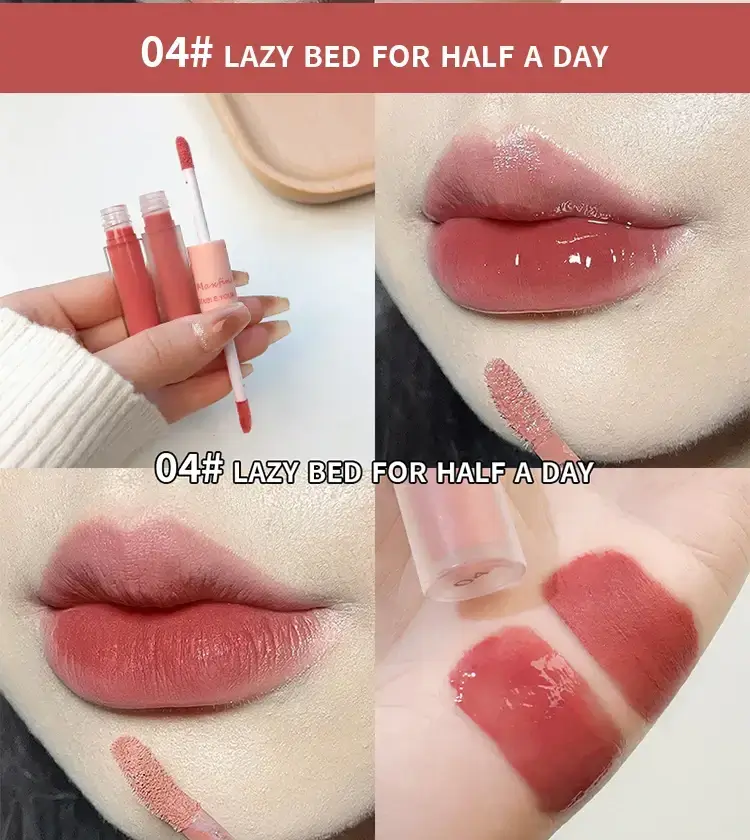 CACE Double End Lip Glaze Shade 04 Lazy Bed For Half A Day review swatches.
