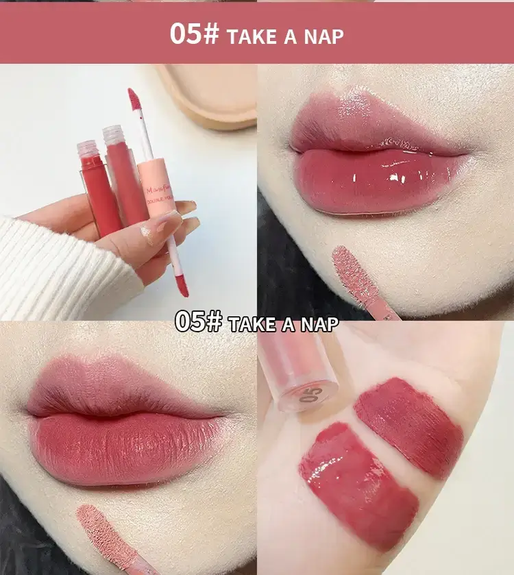 CACE Double End Lip Glaze Shade 05 Take A Nap dual-end applicator and swatches.