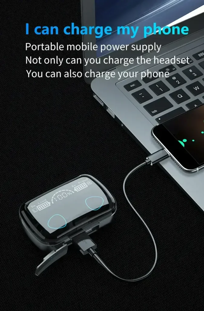 M10 earbud charging case used as a portable mobile power supply to charge a smartphone.