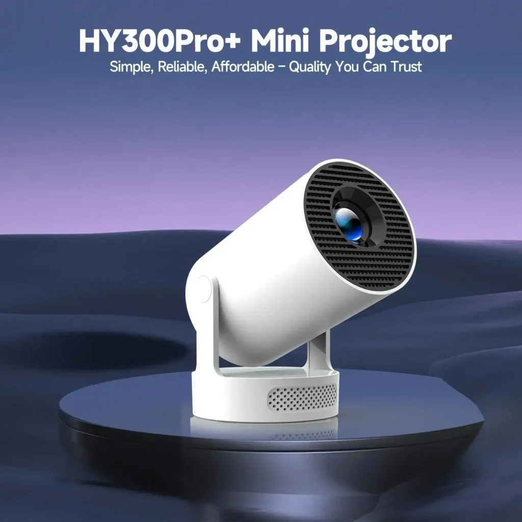 Sleek white Magcubic HY300 Pro Plus mini projector on a pedestal with a modern minimalist design.