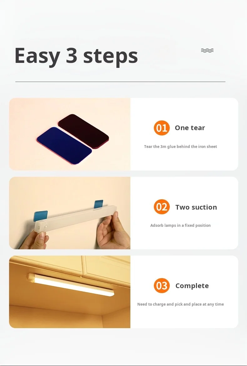 Magnetic buckle installation guide for LED light showing the tear and suction process.