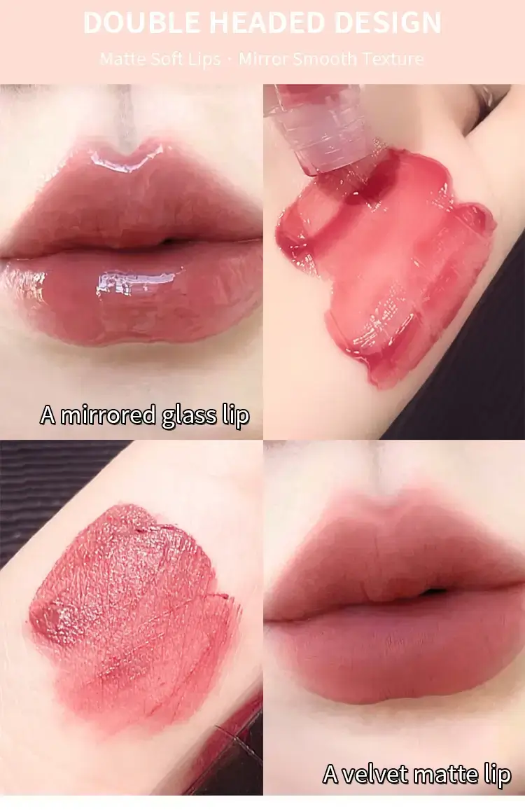 Comparison of Mirror Glass versus Velvet Matte finish on lips.