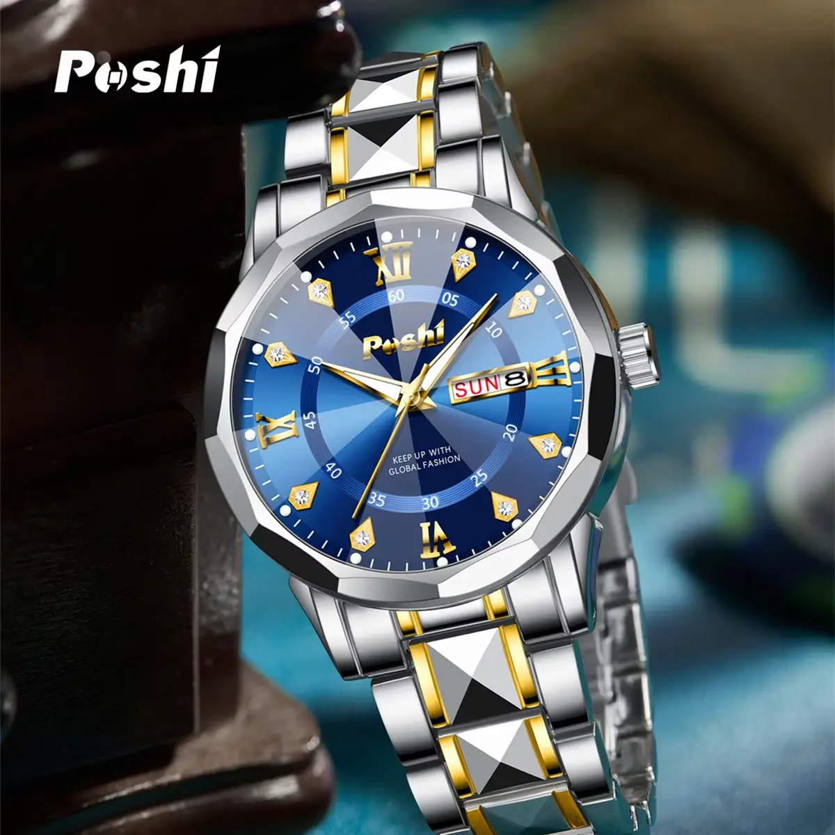 POSHI Men's Watch Blue Sunburst Dial with Gold-Tone Bracelet