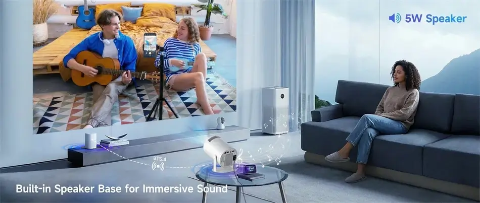Portable projector with a built-in 5W speaker base providing immersive sound for home entertainment.