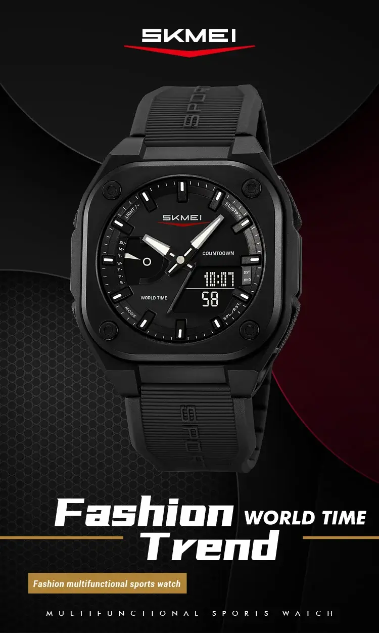 SKMEI 2328 tactical black dial and dual display close-up view