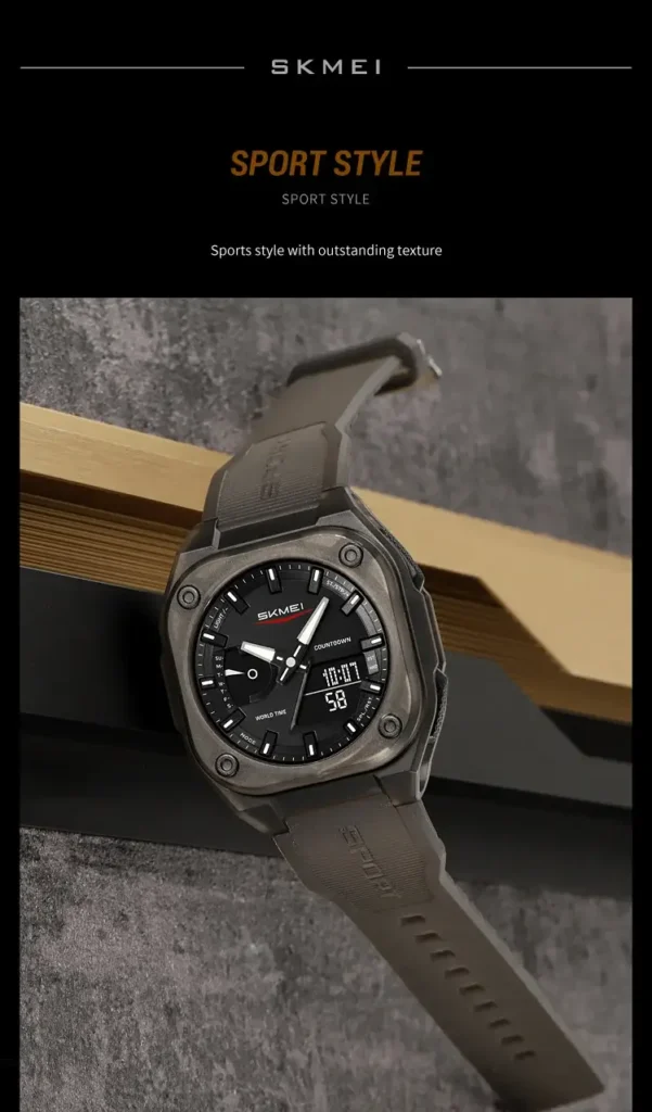 SKMEI 2328 sports style watch with durable resin strap in grey-brown