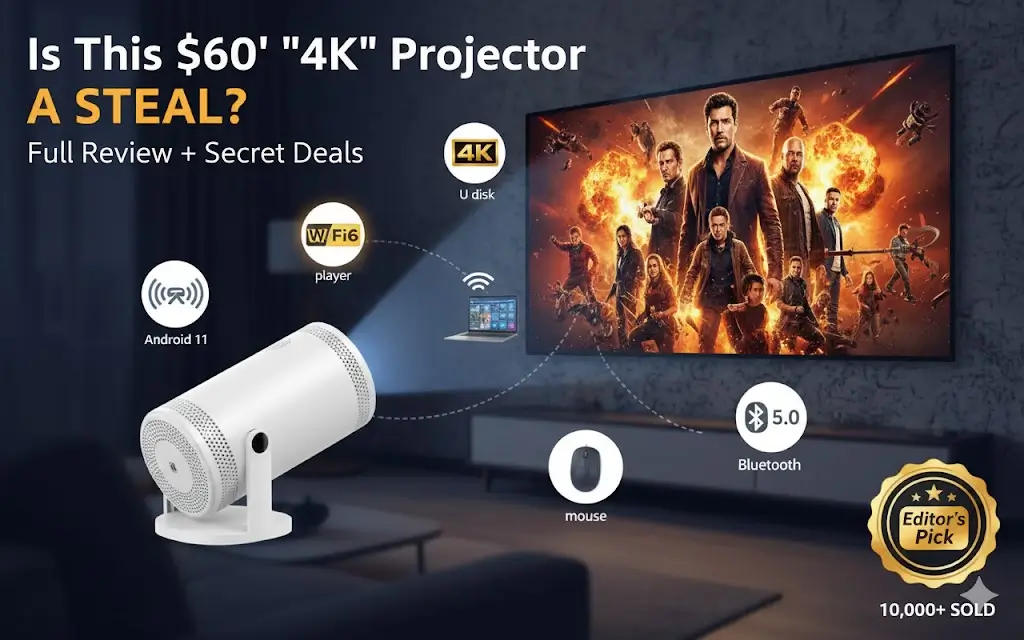 2026 Smart Projector connectivity ports including HDMI USB and Audio Jack for home cinema
