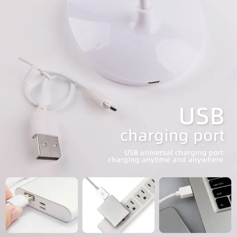 USB universal charging port demonstration for the LED lamp using a power bank, wall adapter, and laptop.