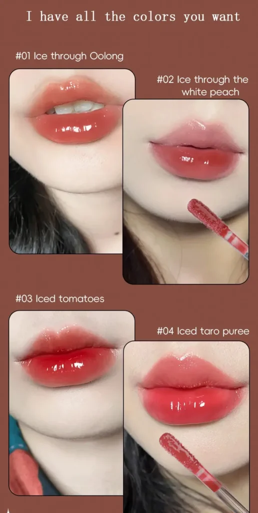 Mirror Water Lip Gloss shades 01 to 04 on lips