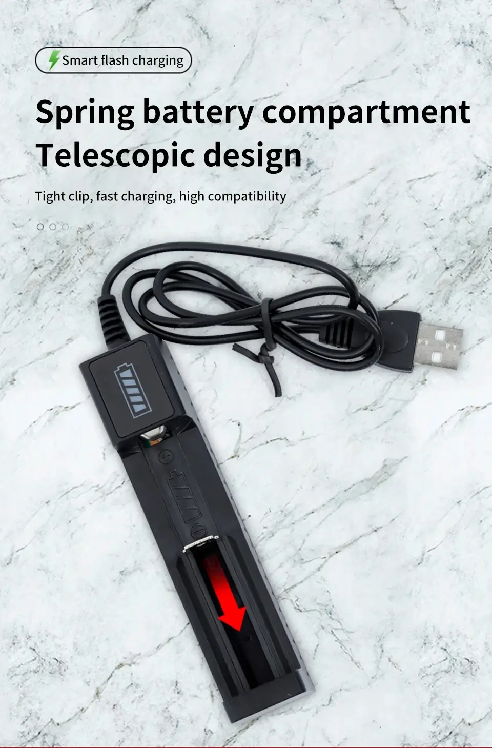 Spring battery compartment telescopic design charger for 14500 and 16340 batteries.