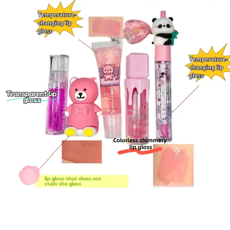 Detailed view of pink bear lip gloss tubes with color swatches showing non-staining and shimmery finishes.
