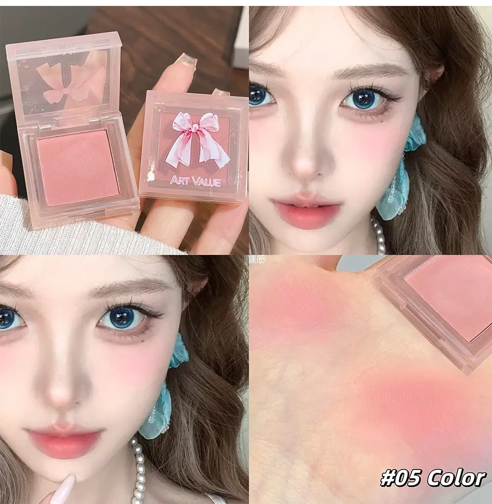 Asian model showing aesthetic pink makeup look using Art Value matte lipstick as blush