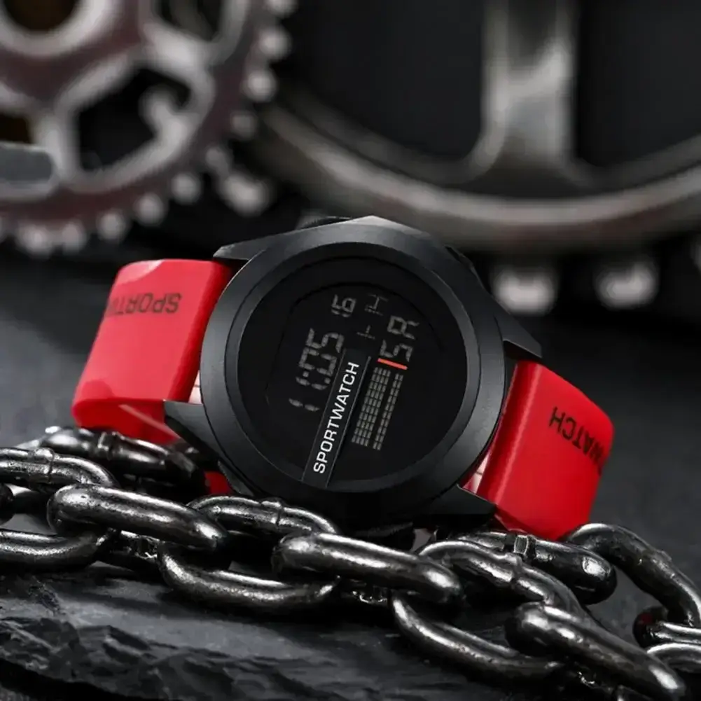 Durable men's sports watch with red silicone strap and shock resistance