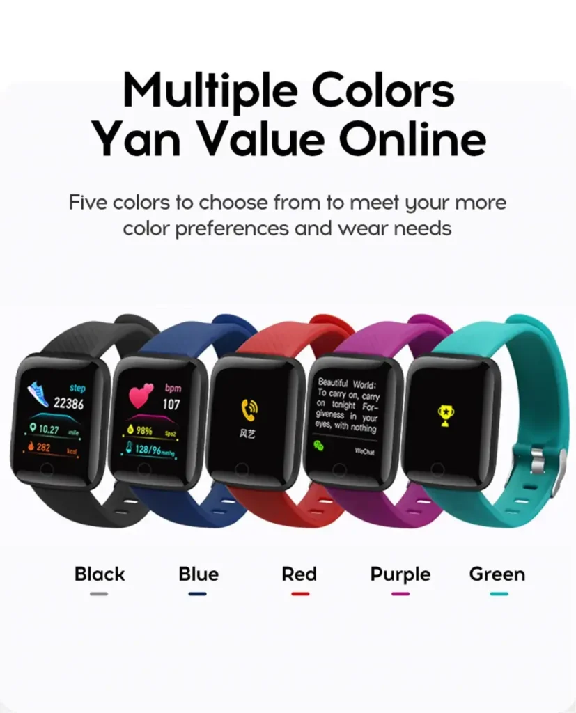 Smartwatch available in Black, Blue, Red, Purple, and Green colors