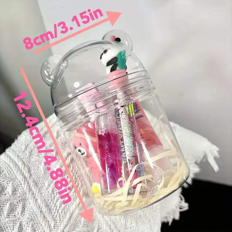 showing the dimensions of the bear lip gloss jar: 8cm by 12.4cm (3.15in by 4.88in).