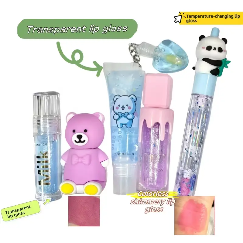 Swatches of blue bear lip gloss including transparent glitter glaze and temperature-changing lip oil.