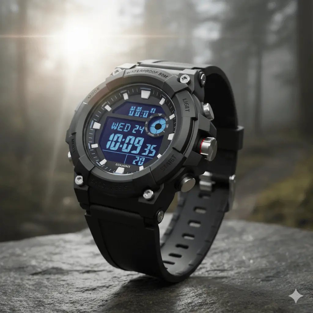 All-black men's digital sports watch with sportwatch branding for Men Sports Watches Review