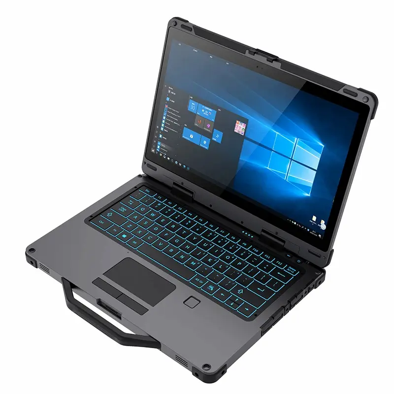 Isometric view of a Cenava 15.6-inch rugged laptop with a reinforced grey chassis, built-in carrying handle, and backlit keyboard.