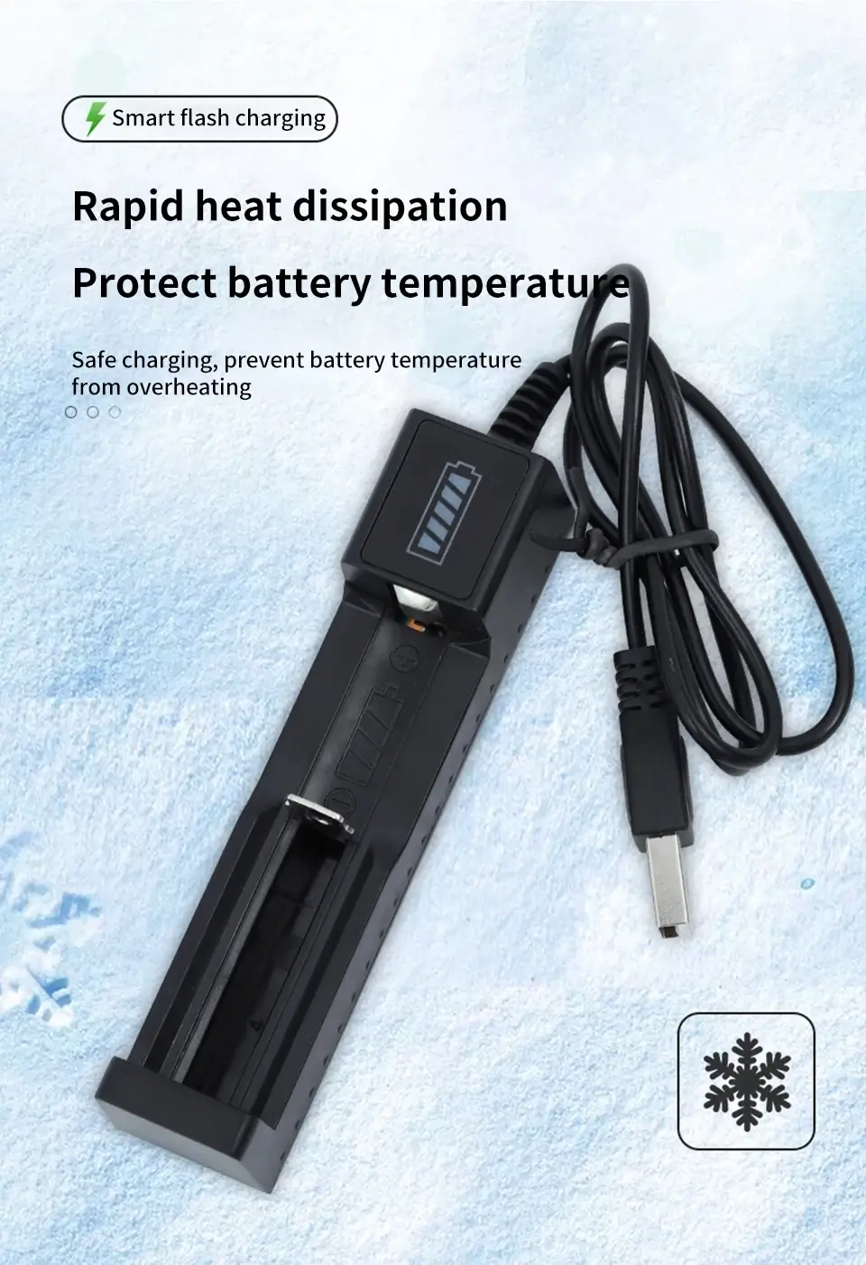 Fast charging 18650 battery charger featuring rapid heat dissipation and temperature protection.