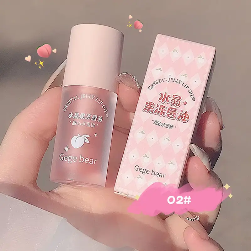 Crystal Jelly Lip Oil Peach flavor shade 02 with pink packaging.