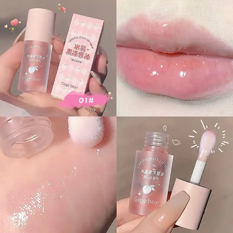 Crystal Jelly Lip Oil shade 01 Peach packaging swatch and wand applicator.