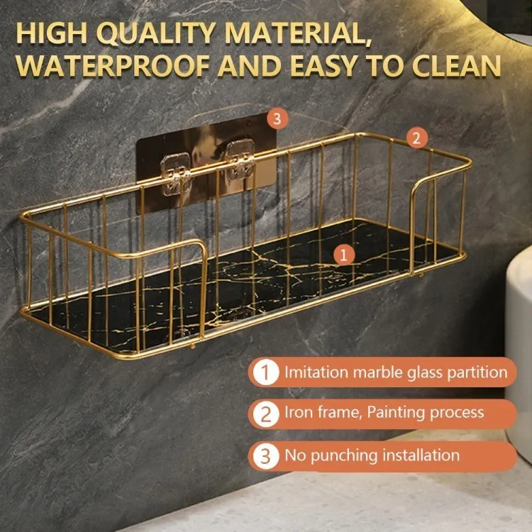 Close-up of black marble shelf with material labels.