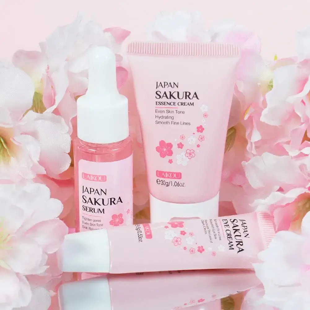 LAIKOU Japan Sakura Skincare 3-piece set featuring serum, essence cream, and eye cream for glass skin.