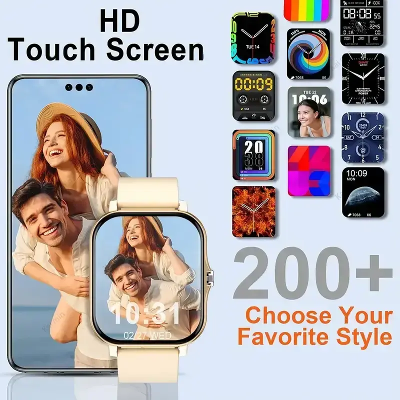 A collection of over 200 customizable smartwatch faces displayed next to a gold-rimmed smartwatch and a smartphone showing a matching wallpaper.