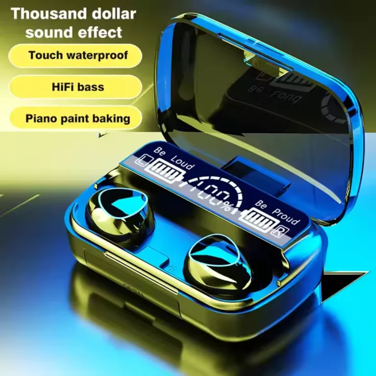 M10 wireless earbuds in a piano paint baking charging case with LED display and HiFi bass features.