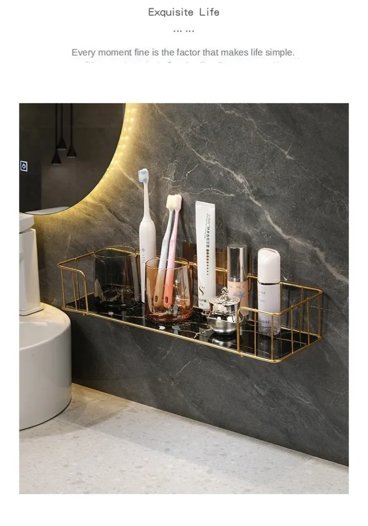 Modern shelf organized with skincare and toothbrush glasses.