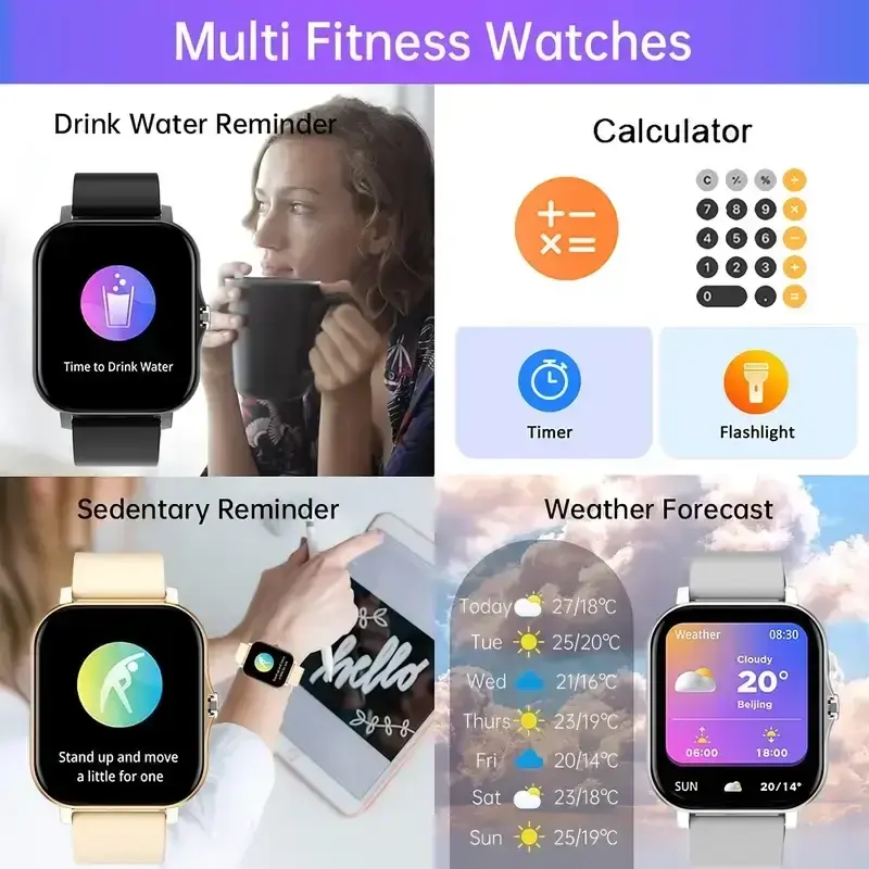 Infographic showing multi-fitness smartwatch features including drink water reminder, sedentary alert, calculator, timer, flashlight, and weather forecast.