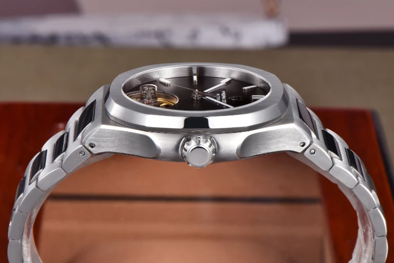 Side profile of a Pagani Design automatic watch highlighting the 11.7mm case thickness and textured crown.