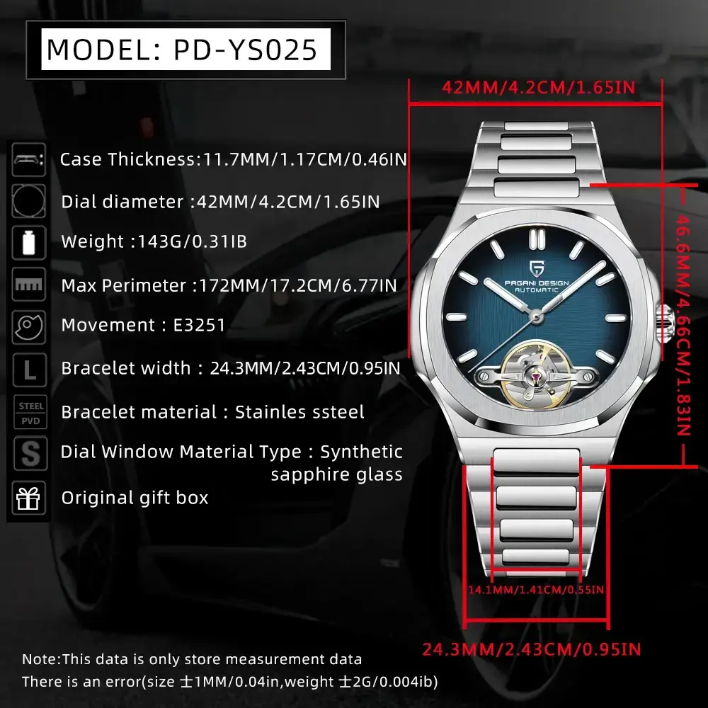 Dimensions and technical details for the Pagani Design PD-YS025 blue dial automatic watch.