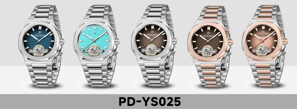 A lineup of Pagani Design PD-YS025 watches in blue, turquoise, brown, and rose gold variants.