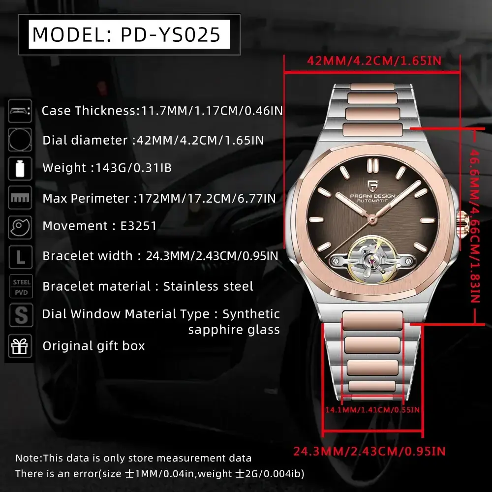 Technical specifications of Pagani Design PD-YS025 rose gold skeleton watch showing 42mm dial and E3251 movement.